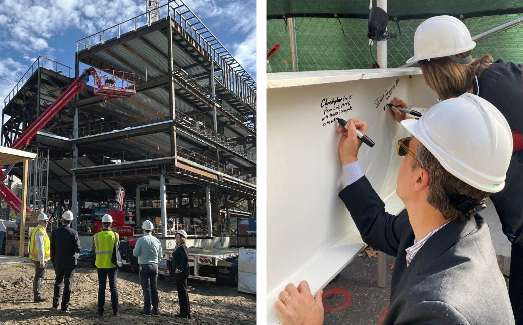 Construction of Platt Center as of 10/15/2025; Christopher A. Gruits signing a beam