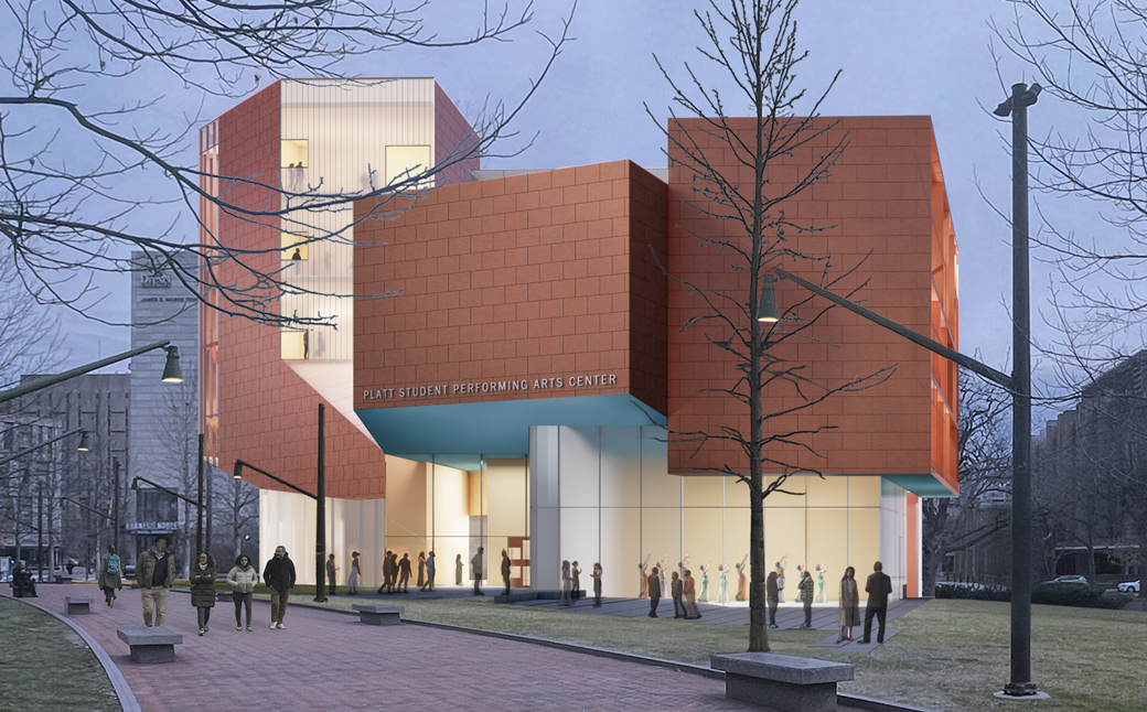 Rendering of the Platt Student Performing Arts Center. Steven Holl Architects.