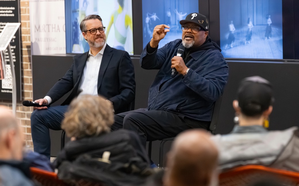 Rennie Harris (right) talking to Christopher Gruits (left) at INSIGHTS event before world premiere of Losing My Religion. Photo credit: Mark Garvin.