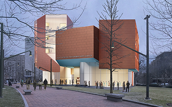 Architectural rendering of the Platt Student Performing Arts Center on Hill Field, exterior. Courtesy Steven Holl Architects.