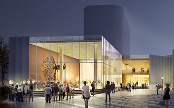 Design rendering of the new Stuart Weitzman Theatre and plaza entrance, exterior. Courtesy Steven Holl Architects.