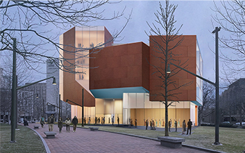 Architectural rendering of the new Student Performing Arts Center on Hill Field, exterior. Courtesy Steven Holl Architects.