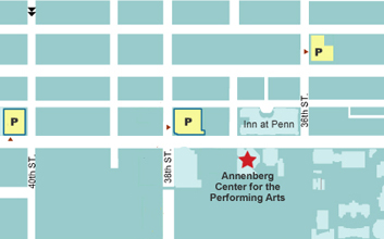 Street map showing Annenberg Center and parking garage location