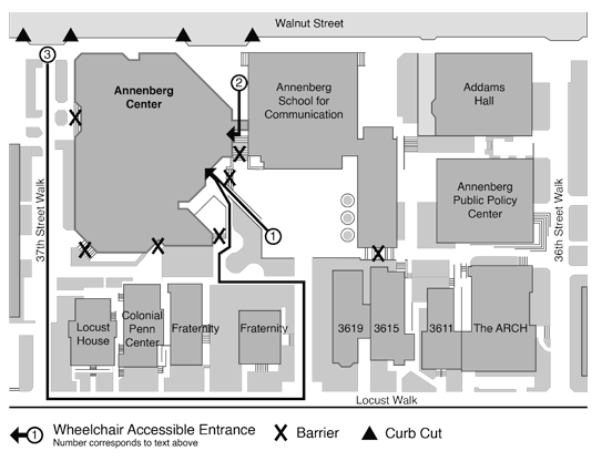 Map showing the accessible entrance paths for the Annenberg Center