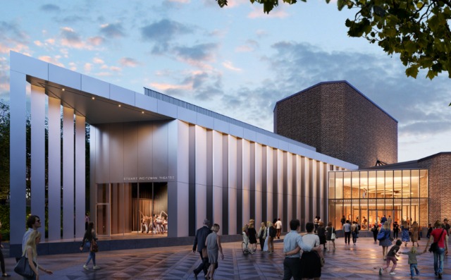 Design rendering of the new Stuart Weitzman Theatre and plaza entrance, exterior. Courtesy Steven Holl Architects.