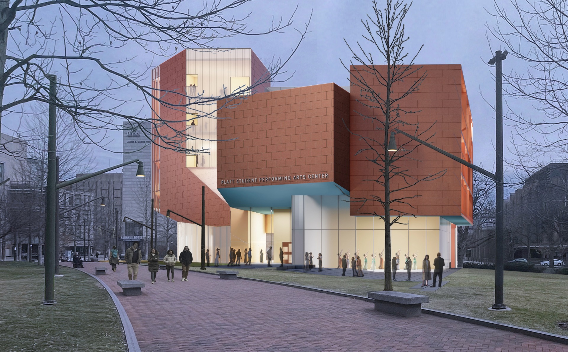 Architectural rendering of the Platt Student Performing Arts Center on Hill Field, exterior. Courtesy Steven Holl Architects.